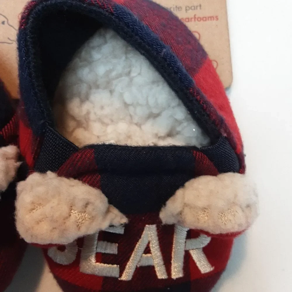 Dearfoams Slippers Infant Cozy Baby Bear Boots‎ Navy Red Plaid sz 1-2 New